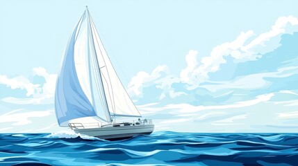 Sailing Boat with White Sails on Calm Ocean Under Blue Sky