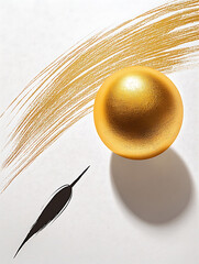 Fototapeta premium Golden sphere and a quill pen on a white background with artistic brush strokes
