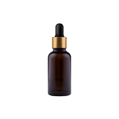 Amber dropper bottle mockup with gold cap, ideal for displaying essential oils, serums, or skincare products. Elegant and minimalist design isolated on a white background