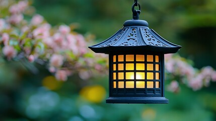 Illuminated lantern hanging garden, blossoms background, serene atmosphere, ideal for relaxation