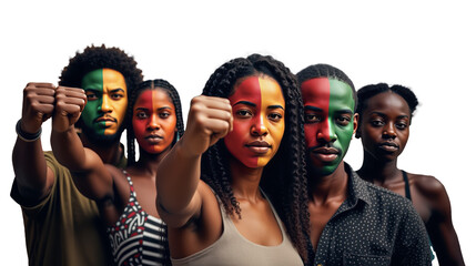 Group of activists protesting against racism and slavery, celebrating juneteenth with painted faces. Transparent background