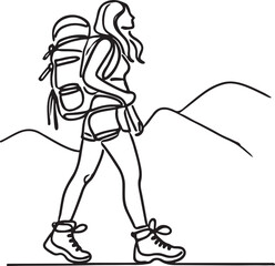 Female Hiker on Trail with Backpack - Vector Line Art