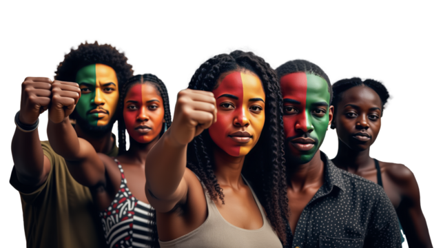 Group of activists protesting against racism and slavery, celebrating juneteenth with painted faces. Transparent background