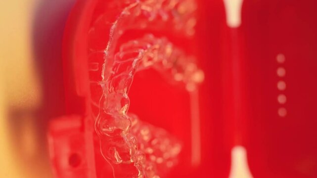 Invisalign clear aligner in red container rotates against light effects Plastic removable retainers for teeth correction. Dental health care and orthodontic treatment.