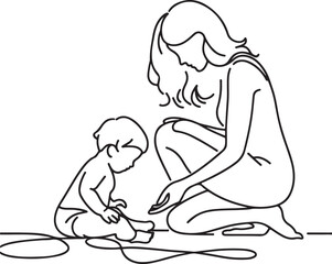 Minimalist Line Art of Mother and Toddler Interaction