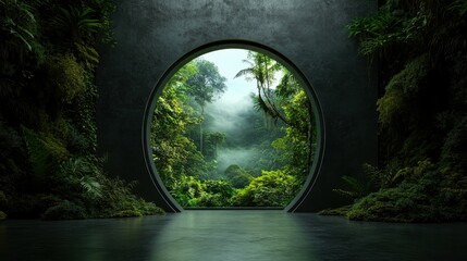 A dense, vibrant jungle is visible through a circular portal, blending the natural world with a mysterious man-made barrier, offering a peek into another world.