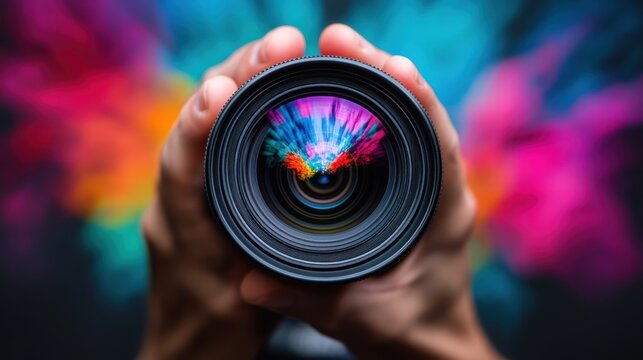 The vibrant, colorful abstract forms seem to explode and swirl through the camera lens, capturing the essence of creativity and dynamic artistic expression.