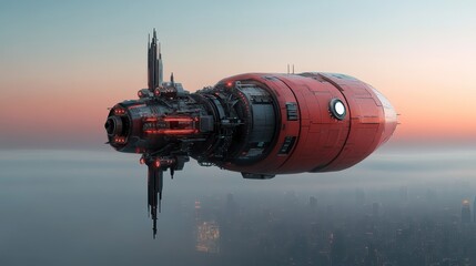 A polished red spaceship with advanced technology hovers in the sky above a futuristic city, blending marvels of modern architecture with space innovation.
