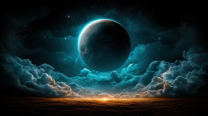 A new moon depicted over a dramatic cloudscape, with a glowing horizon, creating a mysterious yet tranquil scene that evokes introspection and wonder.