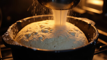 Baking process with ingredients being sprinkled over dough in a bowl on the stove.