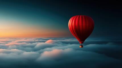 A vibrant red hot air balloon gracefully floats above dreamy, soft clouds during sunset, creating a serene and captivating atmosphere of freedom and adventure.
