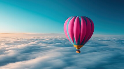 Obraz premium A pink and blue striped hot air balloon elegantly soars over a tranquil sea of clouds at sunrise, symbolizing peace, freedom, and adventure in an endless sky.