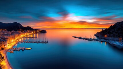 Fototapeta premium A captivating view of a vibrant sunset casting colorful streaks across the sky, with a tranquil harbor filled with docked sailboats lining the coast.