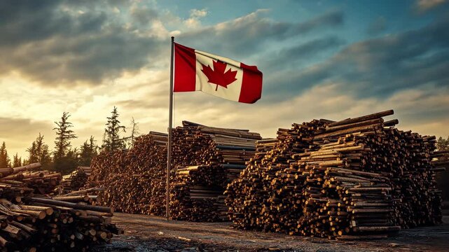 A large stack of cut lumber is piled high under a bright blue sky, with a Canadian flag waving prominently on top. The scene symbolizes the rising cost of lumber during a USA/Canada trade war.