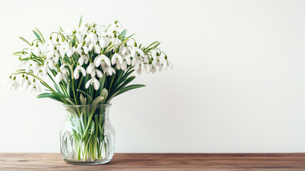 Bouquet of snowdrops on a wooden table on a white background with space for text or design