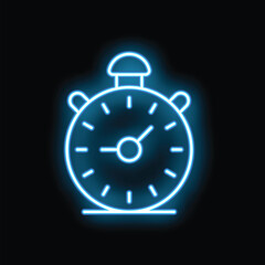 Blue neon stopwatch icon glowing on dark background representing concepts of time management and deadlines