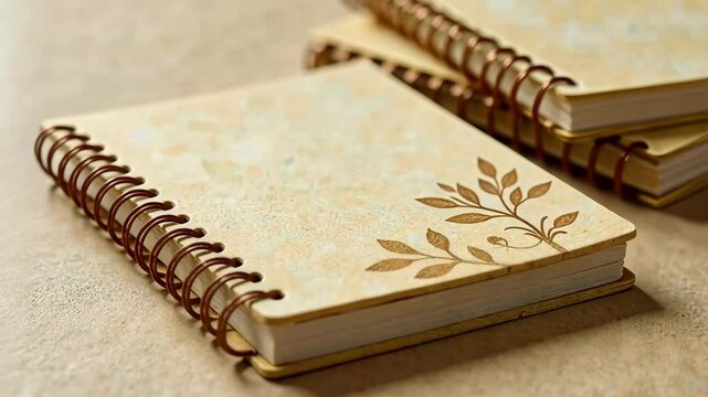 Three spiral bound notebooks with a leaf design on the spine. The notebooks are stacked on top of each other