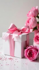 Pink gift box next to bouquets of flowers on white background