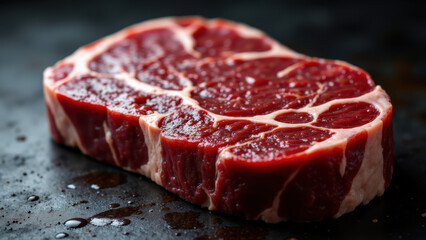 A close-up photo of raw, marbled beef steak on a grill with glistening fat.