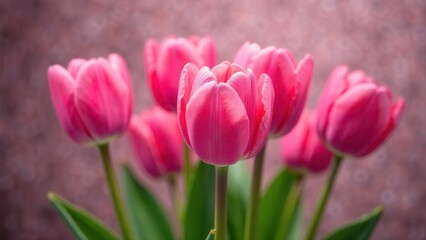 Fototapeta premium Bright bouquet of pink tulips on a soft pink background, International Women's Day,