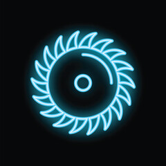 Blue neon icon of a circular saw blade glowing on a black background, perfect for construction and diy projects