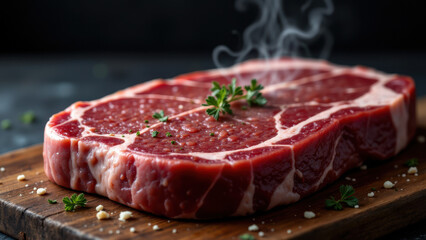 Sliced red steak with herbs and a drizzle of sauce on wooden board.
