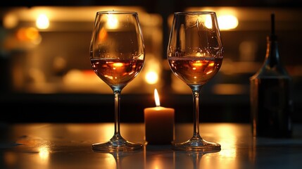 Two glasses of wine sit on a table next to a candle, creating a romantic ambiance. Warm lighting illuminates the scene, enhancing the intimate mood.