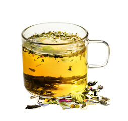 A beautifully crafted herbal tea presented in a clear glass cup adorned with dried herbs