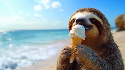 Sloth enjoying a delicious ice cream cone on a beautiful sunny beach