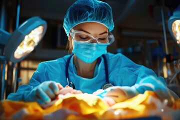 Female caucasian young surgeon performing operation in sterile hospital environment