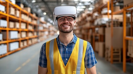 Warehouse Worker Using Virtual Reality Technology for Inventory Management in Modern Facility