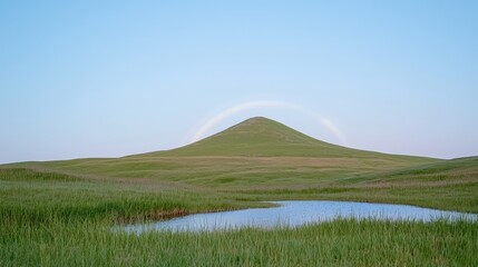 Obraz premium Prairie landscape, hill, rainbow, pond, sunset, nature