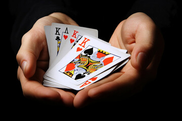 Generative AI image of a magician showcasing card tricks with focused gaze and dramatic lighting