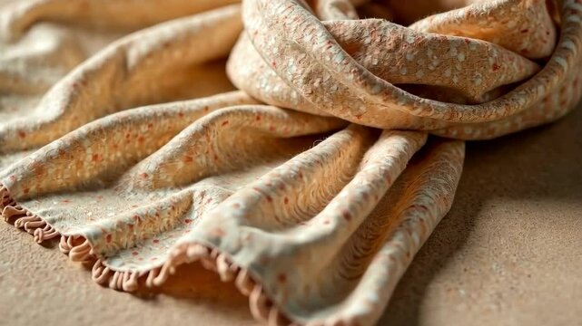 A scarf with a floral pattern is folded and tied. The scarf is white and has a frilly edge