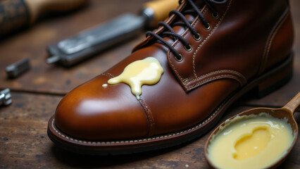 Beef tallow being applied to a brown leather work boot with a spoon on a wooden surface.