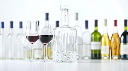 Elegant Wine Glasses and Decanter Surrounded by Wine Bottles