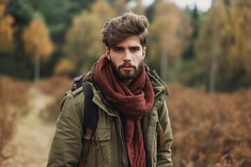 Obraz premium Elegant Man in Coat: Tall Grass Setting, Black Attire, Serene Autumn, Modern Sophistication, Natural Backdrop, Contemplative Gaze, Refined Style, Peaceful
