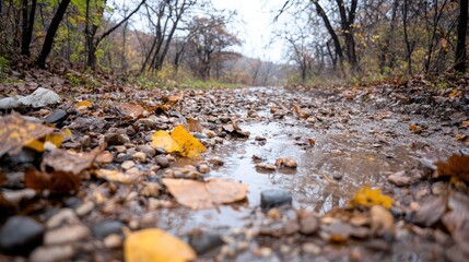 Autumnal Forest Road Puddle, Leaves, Walk.  Nature background image