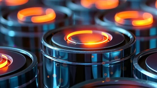 Detailed close-up of high-tech batteries with glowing indicators.