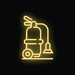 Glowing neon icon of a fire extinguisher with hose and nozzle, representing fire safety and emergency preparedness