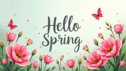 Hello Spring inscription. Bright spring-themed design with blooming pink flowers and delicate butterflies on a soft, dreamy background.