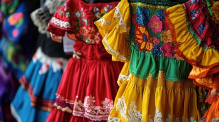 Fototapeta premium Vibrant traditional mexican dresses with colorful floral embroidery