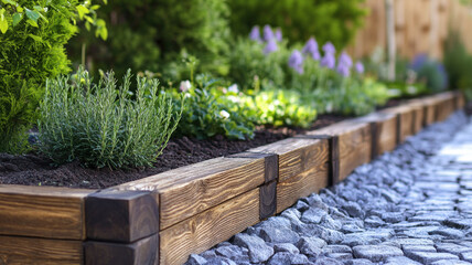 Modern Garden Design With Wooden Raised Beds And Decorative Gray Gravel Path