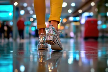 Fototapeta premium Female feet in shiny sneakers walking indoors on reflective floor