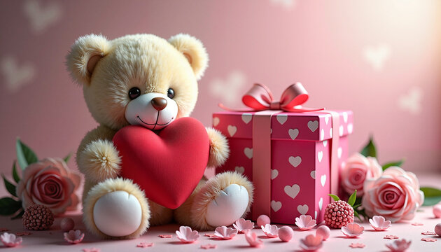 A cute teddy bear holding a heart-shaped pillow in front of a heart-decorated gift box