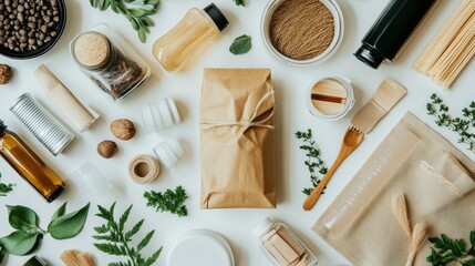 Eco-friendly sustainable packaging and natural products on white background