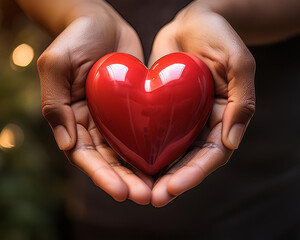 Obraz premium A symbol of support for heart disease awareness, a pair of human hands tenderly holding a bright crimson heart