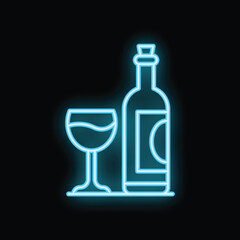 Blue neon sign of a wine bottle and glass glowing on a black background