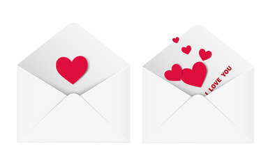 Love vector letters, envelopes with red papercut hearts. I love you. Valentines postcard, invitation. marriage proposal