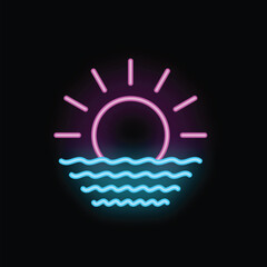 Glowing neon icon of a sun setting over stylized water waves